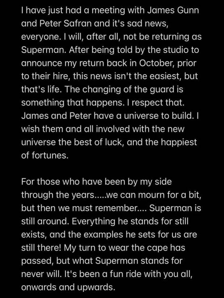 Henry Cavill diz que não viverá mais o Superman